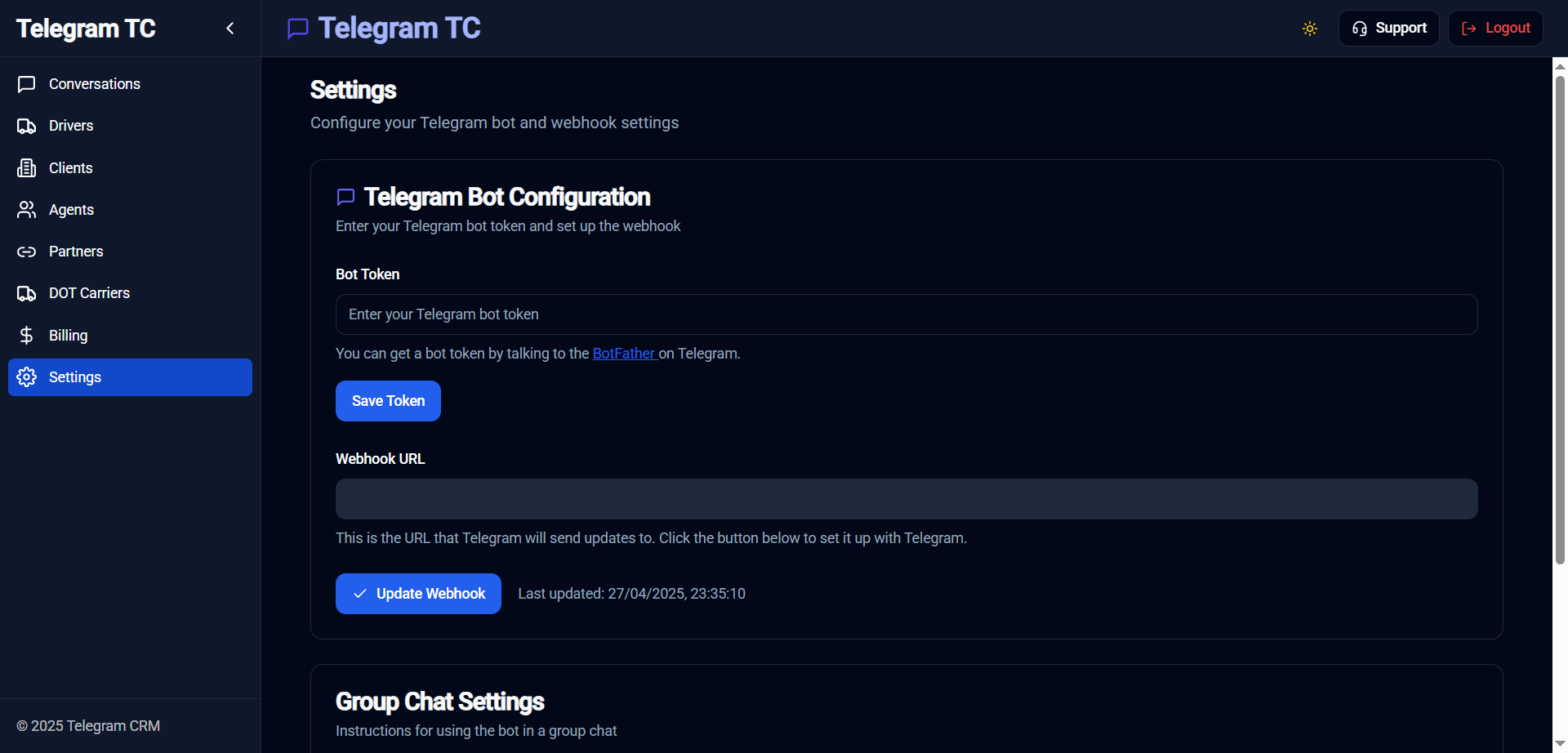 Telegram CRM Settings